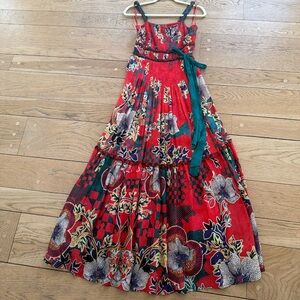 Anthropologie Red Floral Maxi Dress with Green Accents